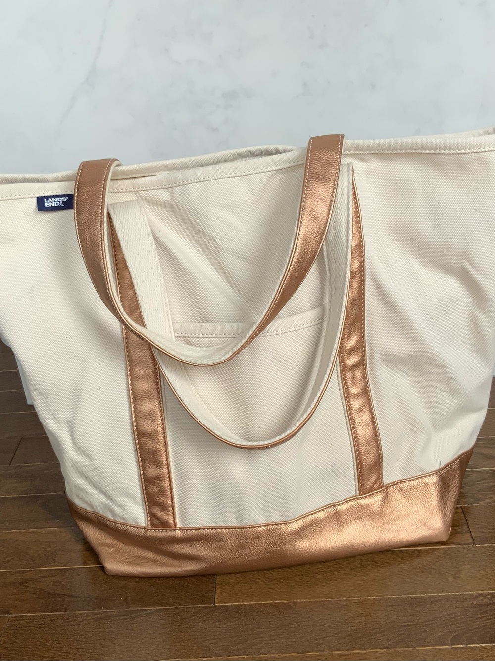 Lands End Extra Large Jumbo Canvas And Rose Gold Faux Leather H16" W25" D9.5"